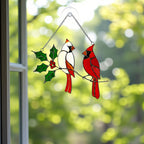 "Spring Robin" stained glass bird suncatcher, red robin on branch, handmade window hanging, unique gift for nature lovers.
