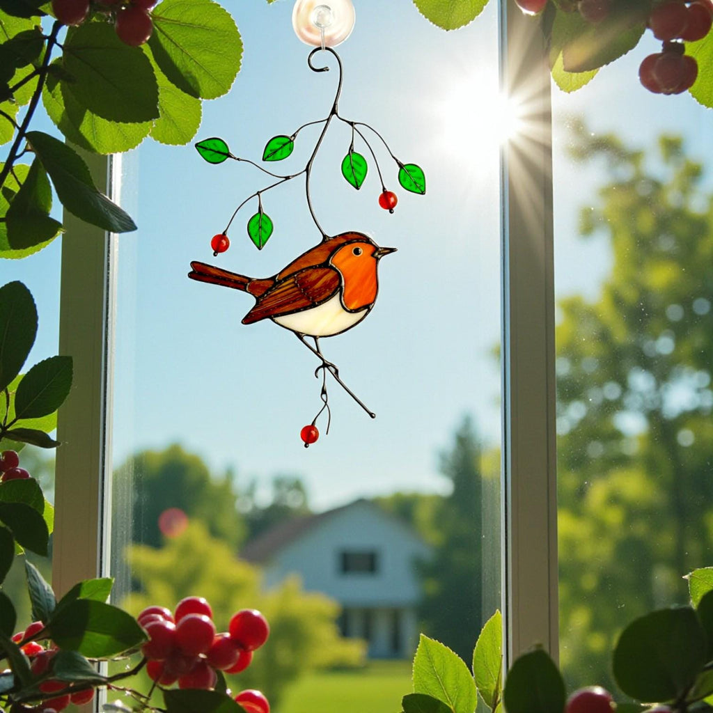 "Summer Finch" stained glass bird suncatcher, yellow finch on branch, handmade window art, unique garden decor gift for dad.