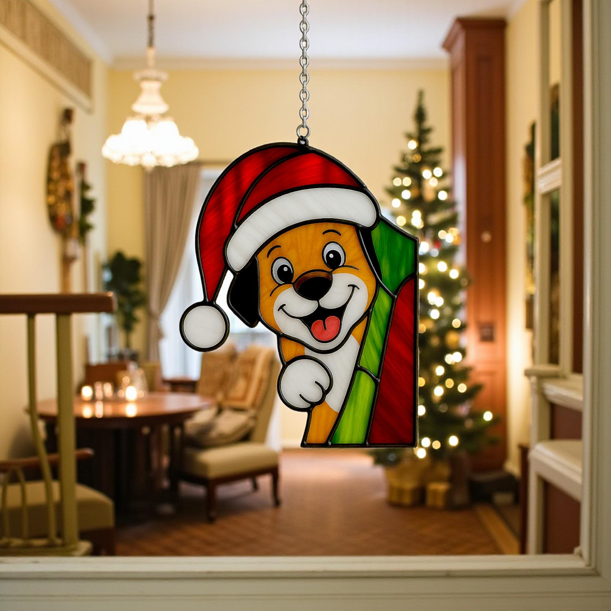 Stained Glass Cat & Dog Christmas Suncatcher|Handmade Pet Ornament,Peekaboo Animal Window Decor, Holiday Gift, Cute Wall Art for Home Lovers