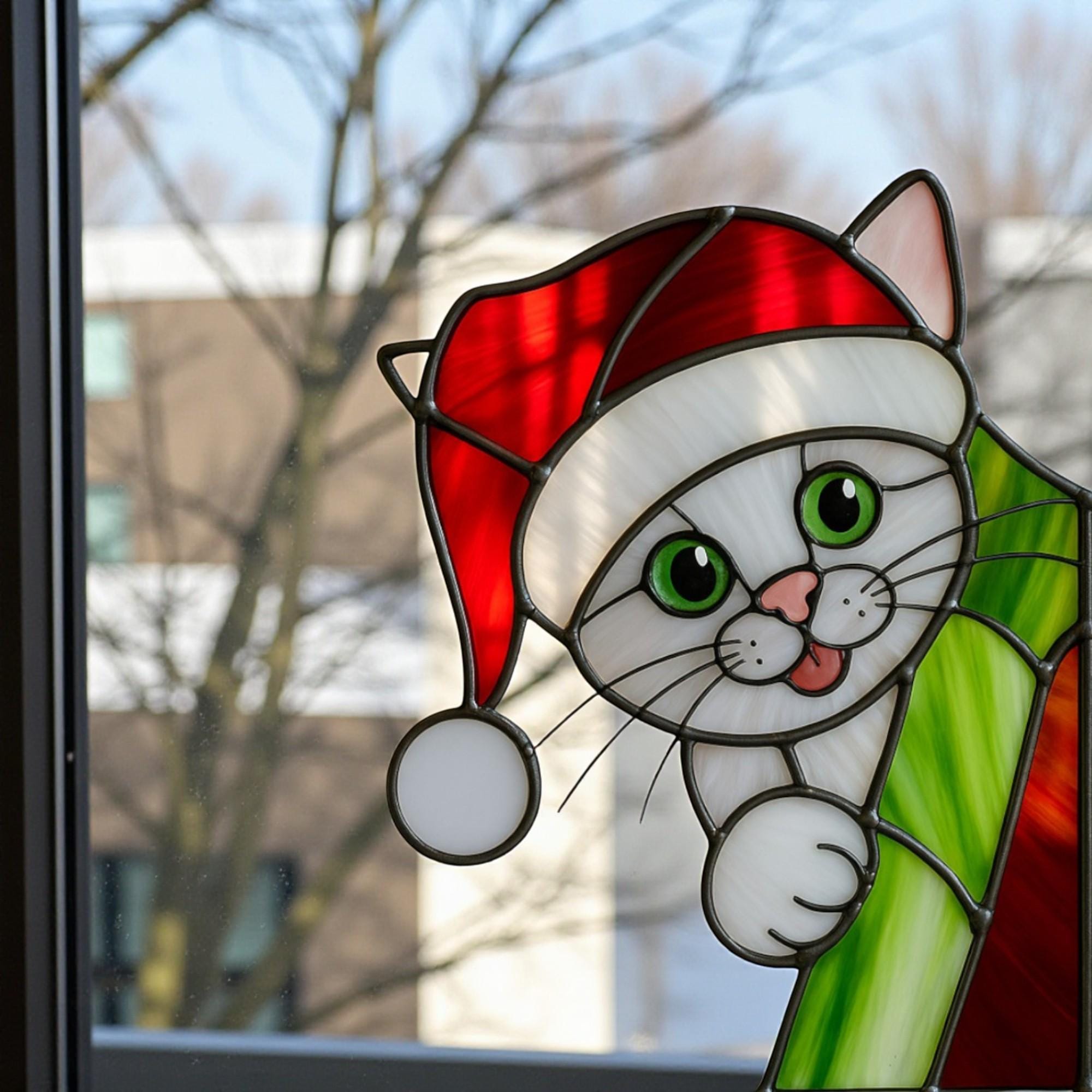 Stained Glass Cat & Dog Christmas Suncatcher|Handmade Pet Ornament,Peekaboo Animal Window Decor, Holiday Gift, Cute Wall Art for Home Lovers