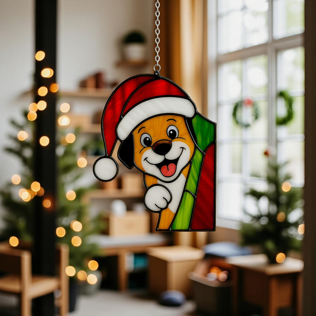 Stained Glass Cat & Dog Christmas Suncatcher|Handmade Pet Ornament,Peekaboo Animal Window Decor, Holiday Gift, Cute Wall Art for Home Lovers