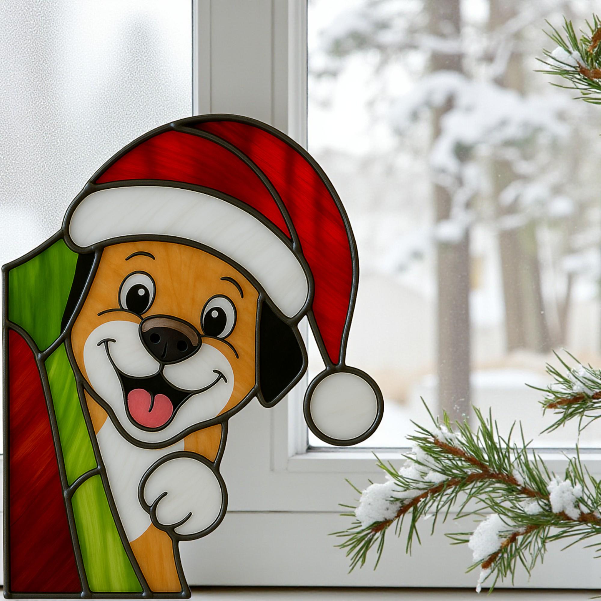 Stained Glass Cat & Dog Christmas Suncatcher|Handmade Pet Ornament,Peekaboo Animal Window Decor, Holiday Gift, Cute Wall Art for Home Lovers
