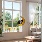 Couple exchanging handmade cat on the moon stained glass suncatcher, perfect gift for cat lovers