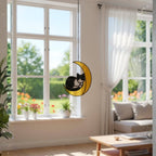 Couple exchanging handmade cat on the moon stained glass suncatcher, perfect gift for cat lovers