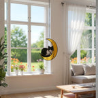 Couple exchanging handmade cat on the moon stained glass suncatcher, perfect gift for cat lovers