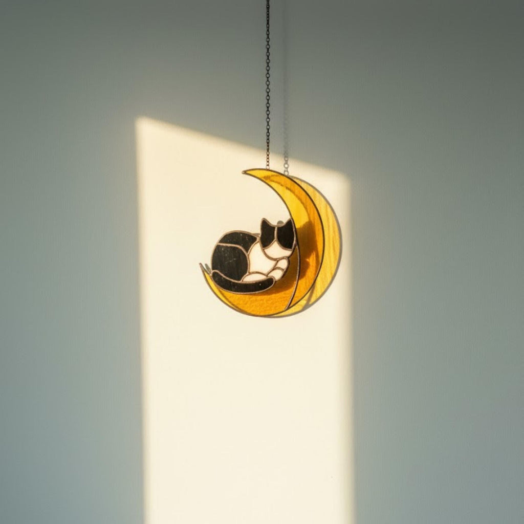 Product dimensions showing cat on the moon stained glass suncatcher height and width