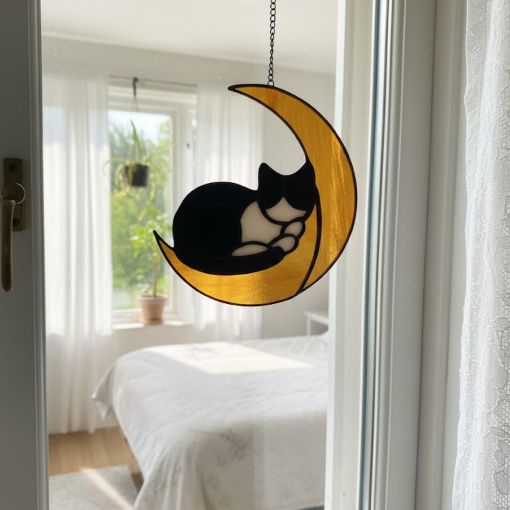 Woman hanging cat on the moon stained glass suncatcher on window, handmade glass decor