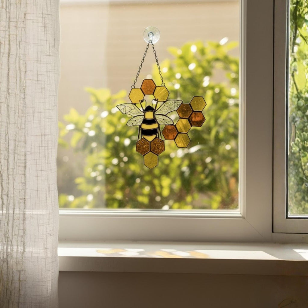 Bee & Honeycomb Stained Glass Suncatcher – Handmade Yellow Window Hanging Decor, Gift for Bee Lovers, Nature Inspired Glass Art Ornament