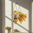 Bee & Honeycomb Stained Glass Suncatcher – Handmade Yellow Window Hanging Decor, Gift for Bee Lovers, Nature Inspired Glass Art Ornament