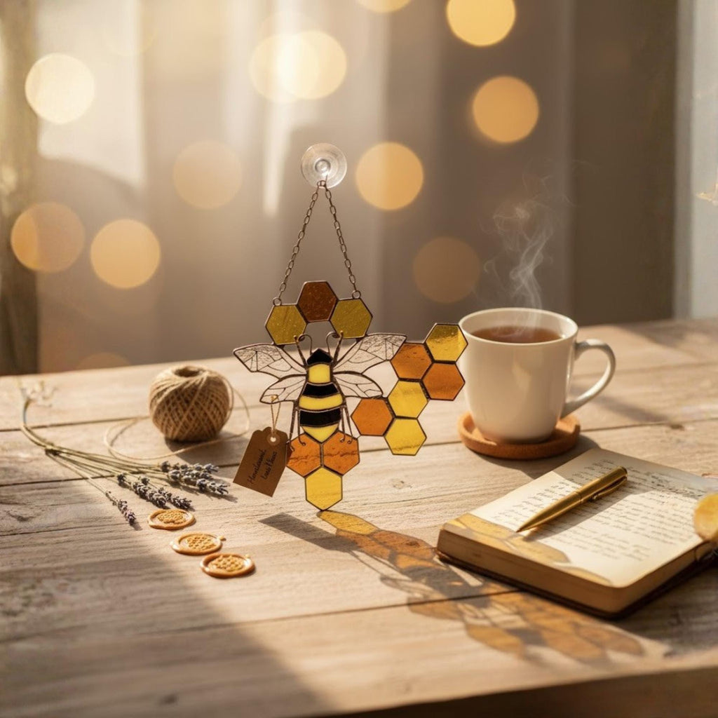 Bee & Honeycomb Stained Glass Suncatcher – Handmade Yellow Window Hanging Decor, Gift for Bee Lovers, Nature Inspired Glass Art Ornament