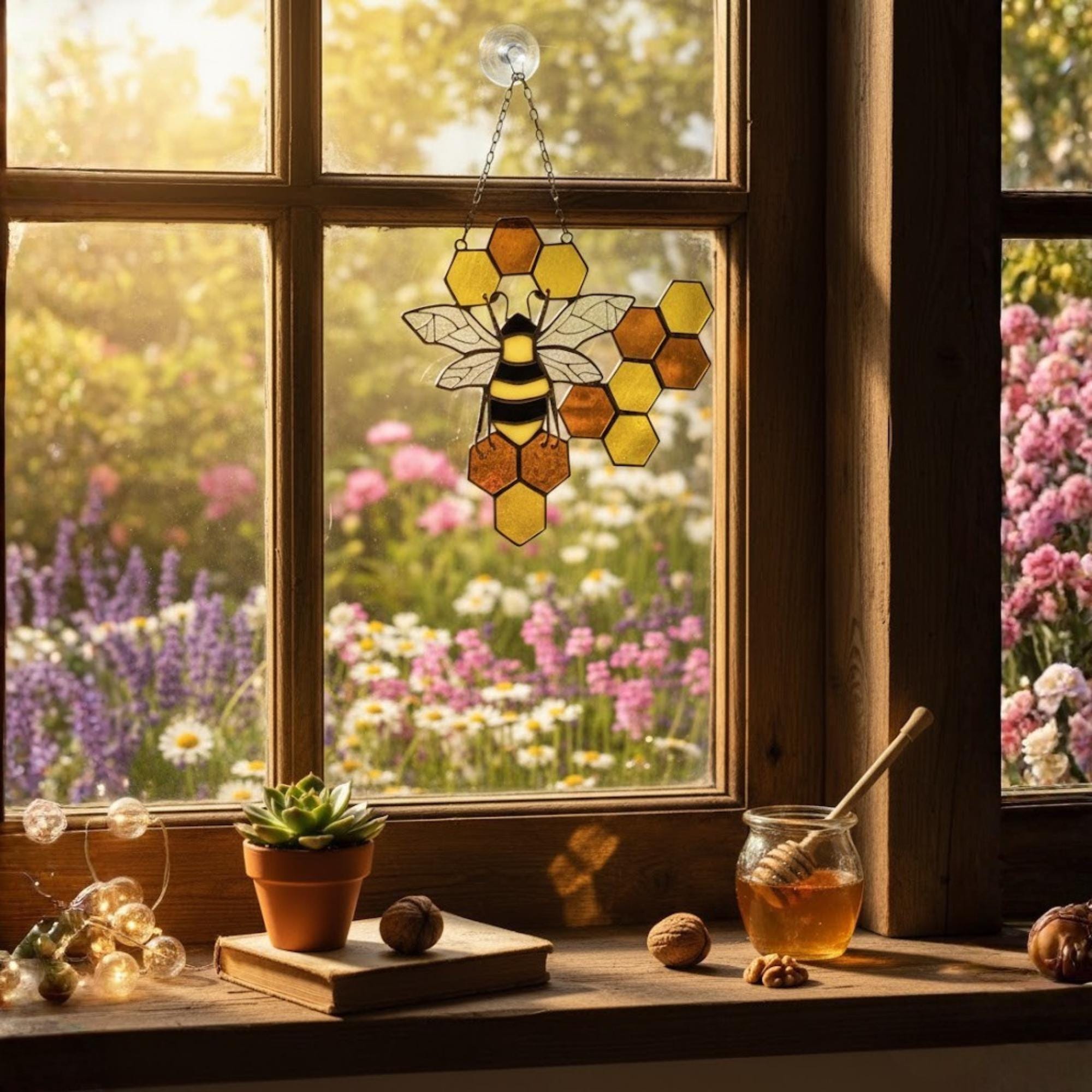 Bee & Honeycomb Stained Glass Suncatcher – Handmade Yellow Window Hanging Decor, Gift for Bee Lovers, Nature Inspired Glass Art Ornament
