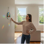 Woman admiring winter cottage stained glass wall art in cozy living room with natural sunlight reflections.