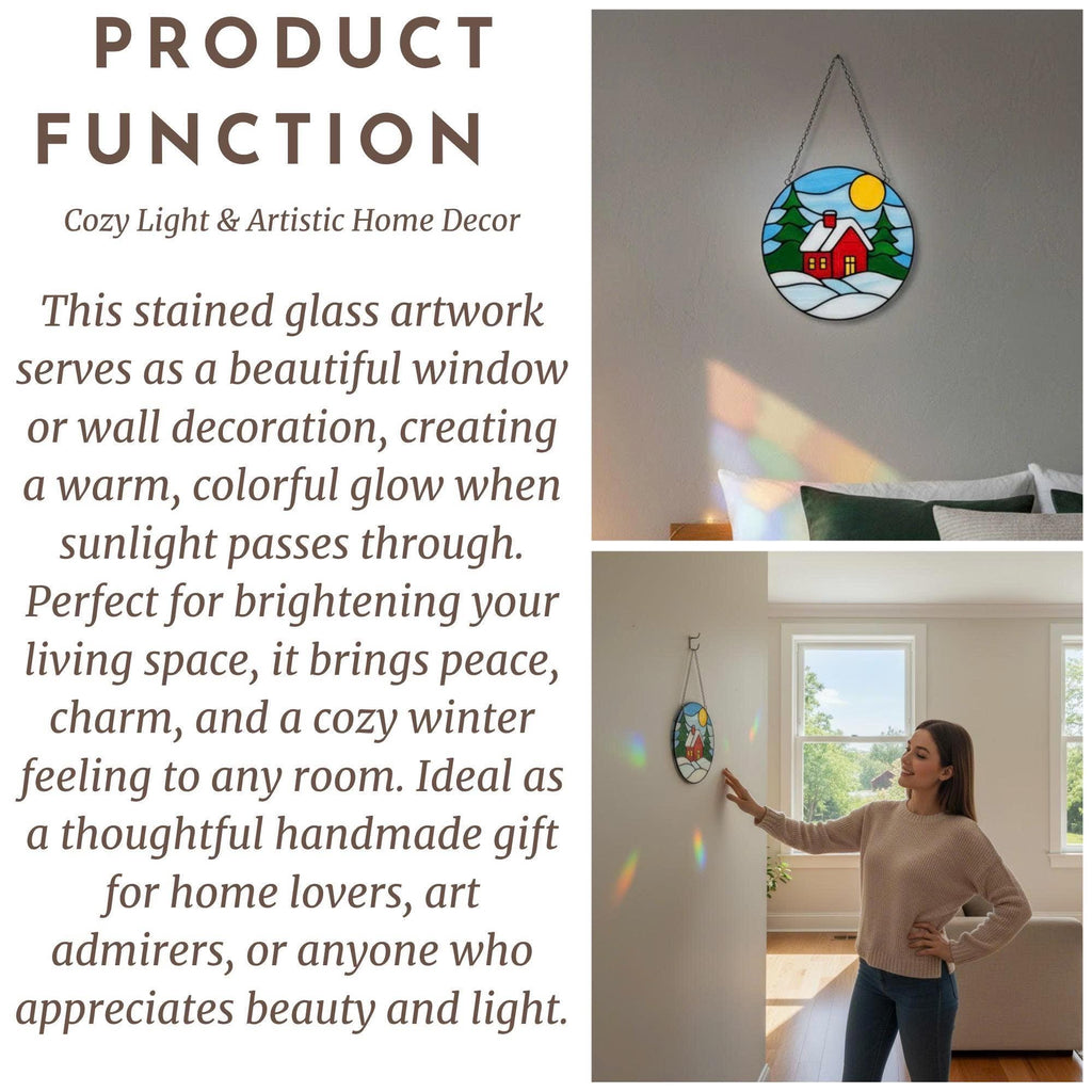 Product function card showing stained glass winter cottage, cozy handmade glass art for home lovers.