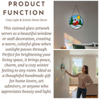 Product function card showing stained glass winter cottage, cozy handmade glass art for home lovers.
