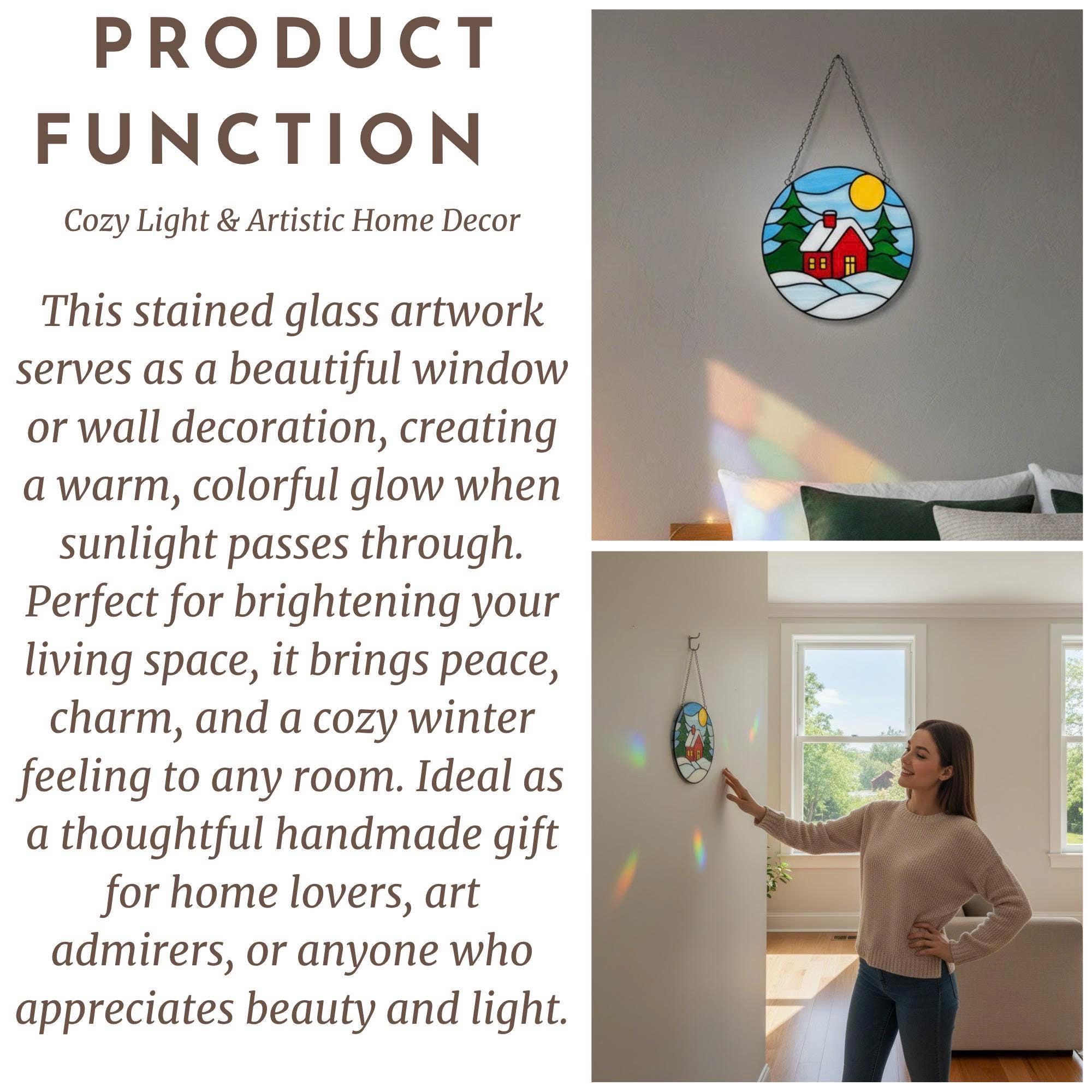 Product function card showing stained glass winter cottage, cozy handmade glass art for home lovers.