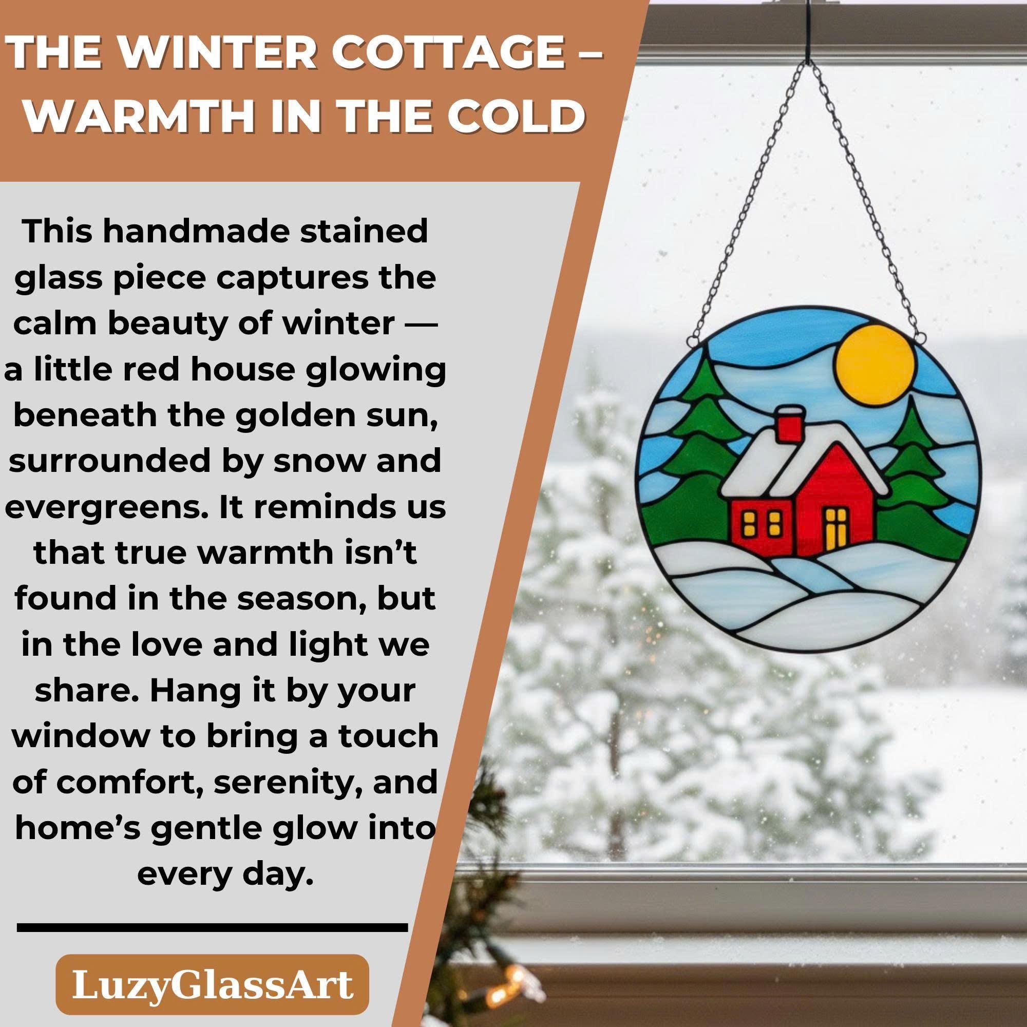 Cozy red cottage stained glass art with sunlight reflection, perfect handmade Christmas window decoration.