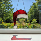 Santa Hat Stained Glass Suncatcher – Handmade Christmas Window Ornament, Holiday Home Decor, Festive Gift, Red and White Glass Art