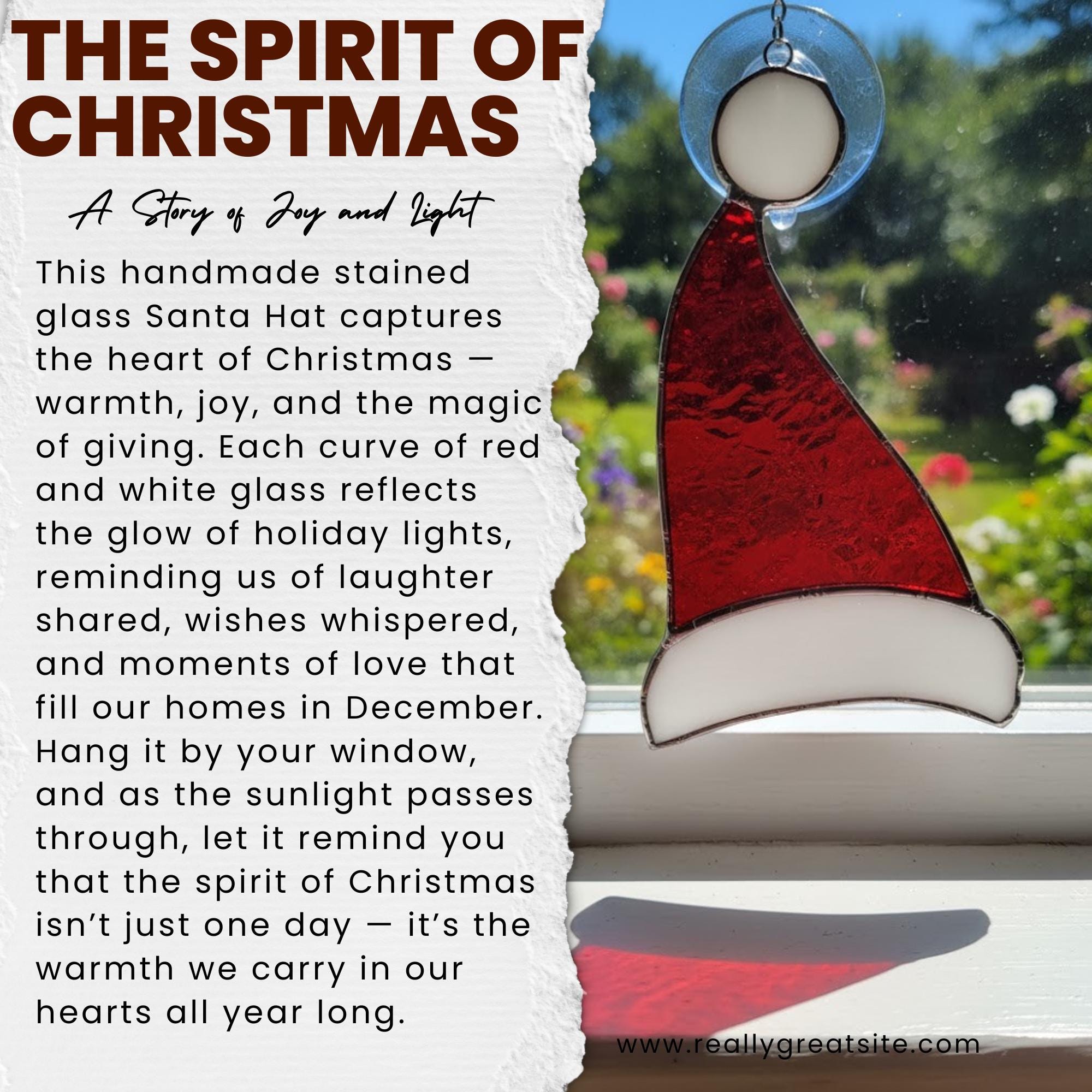 Santa Hat Stained Glass Suncatcher – Handmade Christmas Window Ornament, Holiday Home Decor, Festive Gift, Red and White Glass Art