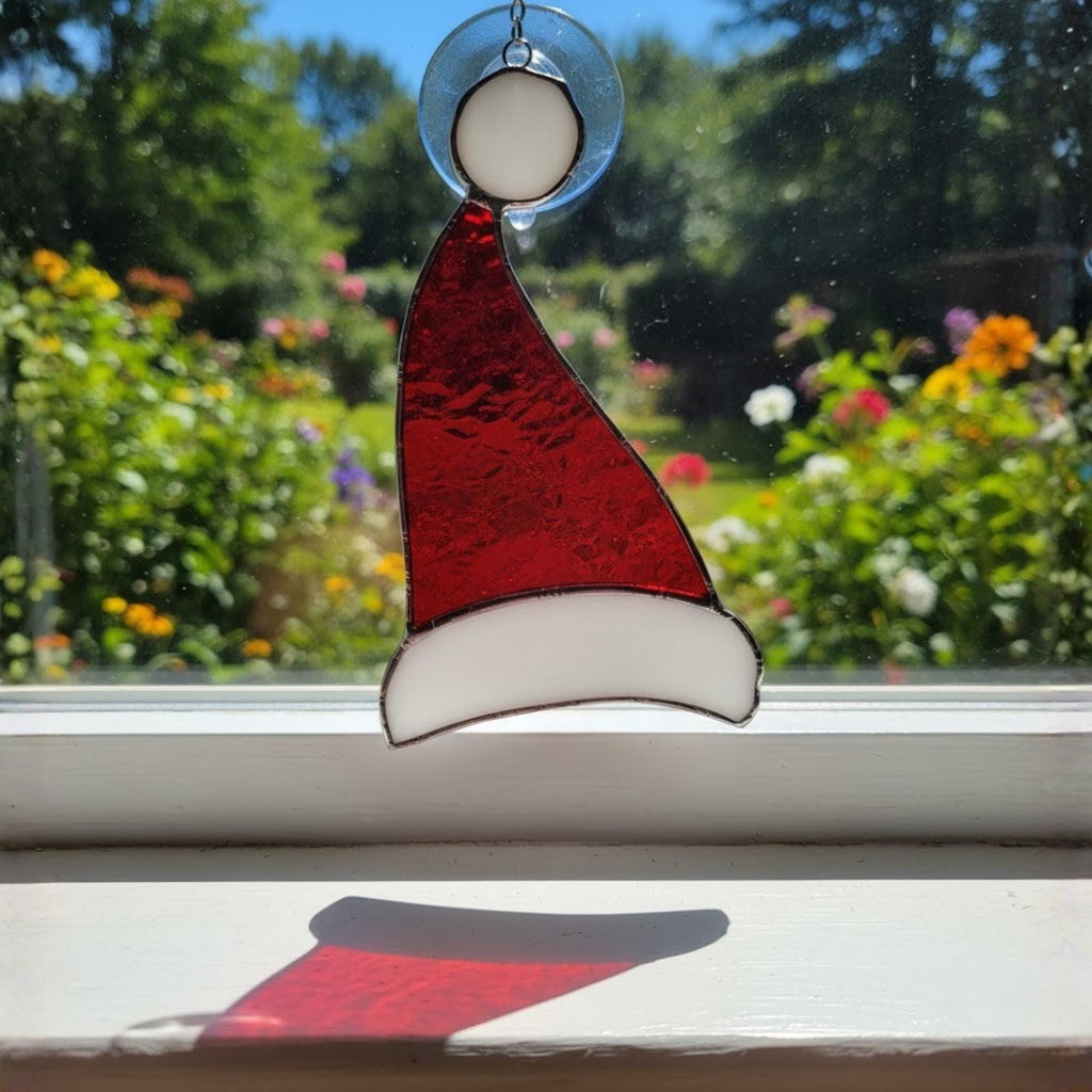 Santa Hat Stained Glass Suncatcher – Handmade Christmas Window Ornament, Holiday Home Decor, Festive Gift, Red and White Glass Art