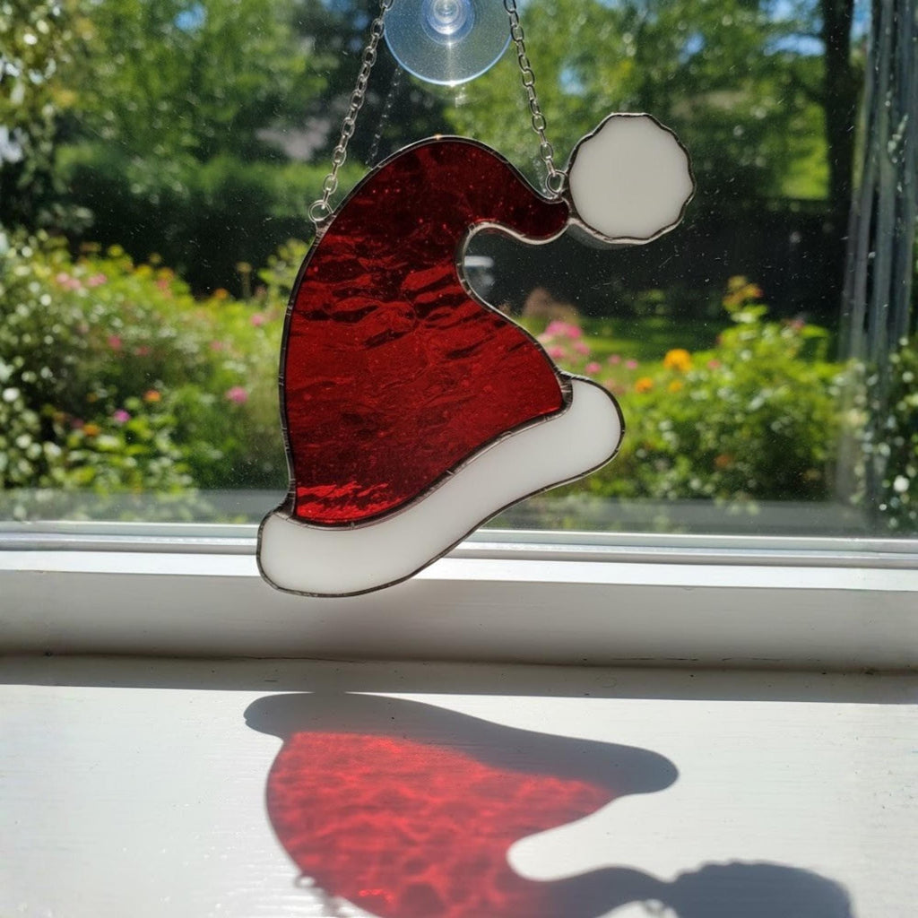 Santa Hat Stained Glass Suncatcher – Handmade Christmas Window Ornament, Holiday Home Decor, Festive Gift, Red and White Glass Art