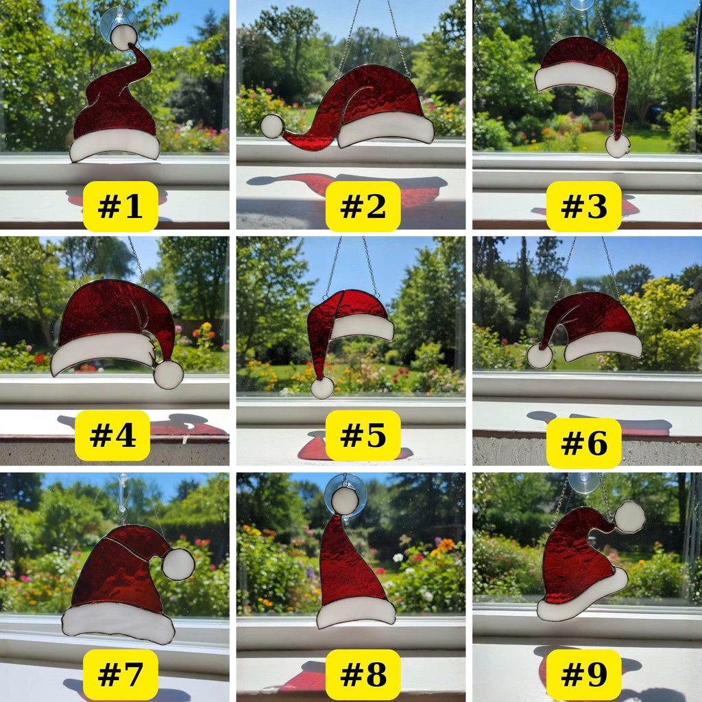 Santa Hat Stained Glass Suncatcher – Handmade Christmas Window Ornament, Holiday Home Decor, Festive Gift, Red and White Glass Art