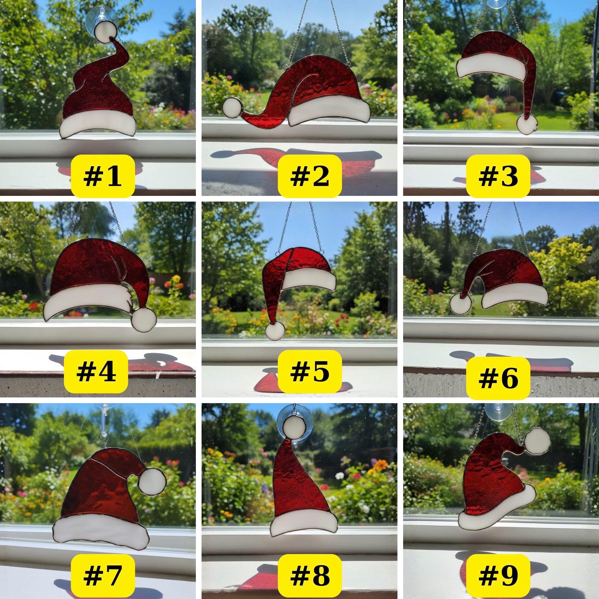 Santa Hat Stained Glass Suncatcher – Handmade Christmas Window Ornament, Holiday Home Decor, Festive Gift, Red and White Glass Art