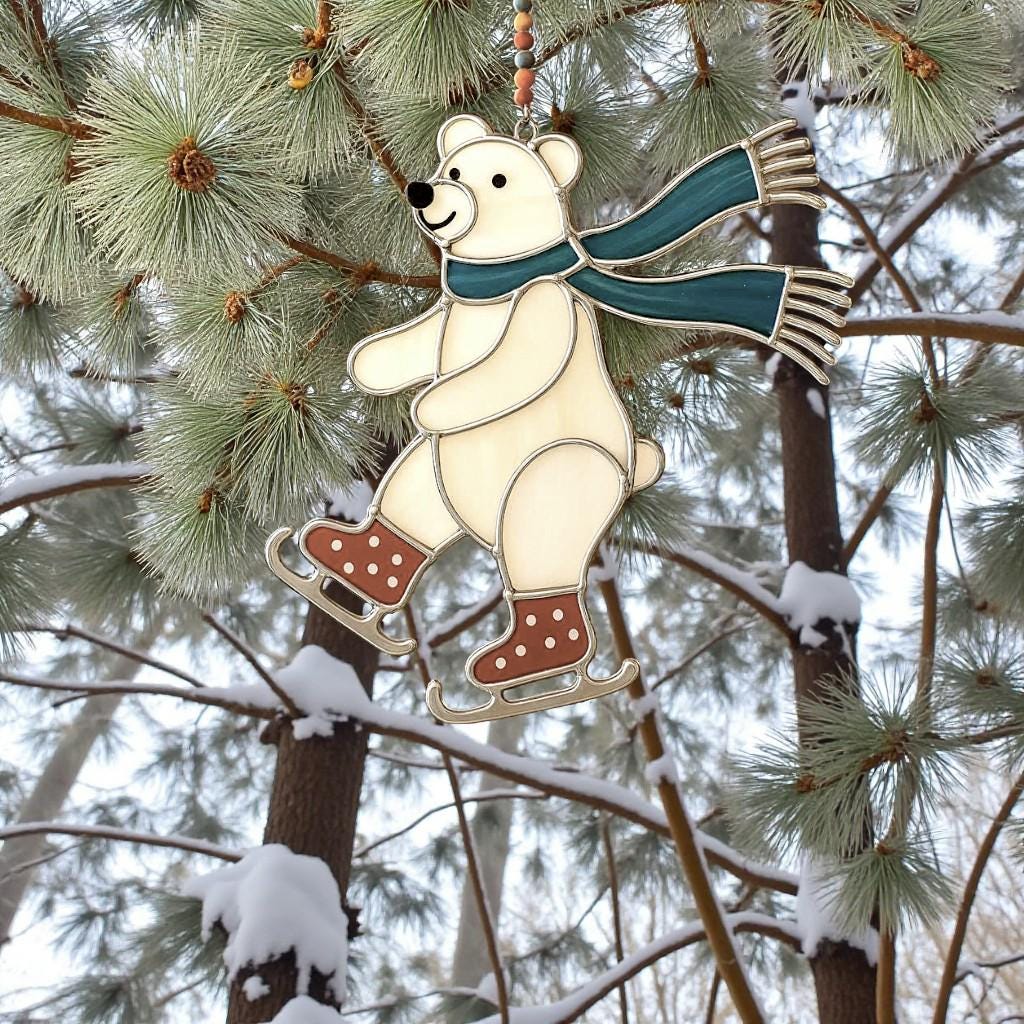Handcrafted stained glass bear ornament hanging on pine tree branch in snowy forest.