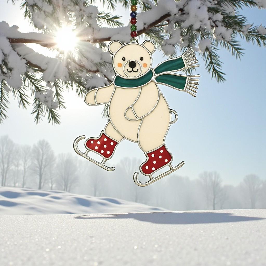 Stained glass skating bear ornament with green scarf and red boots hanging by the window, glowing in Christmas lights.