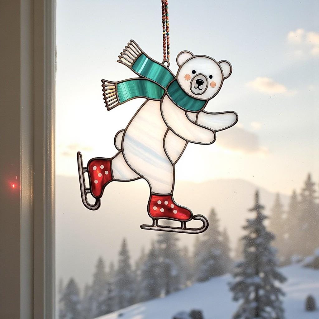 Outdoor display of stained glass skating bear ornament in winter forest setting.