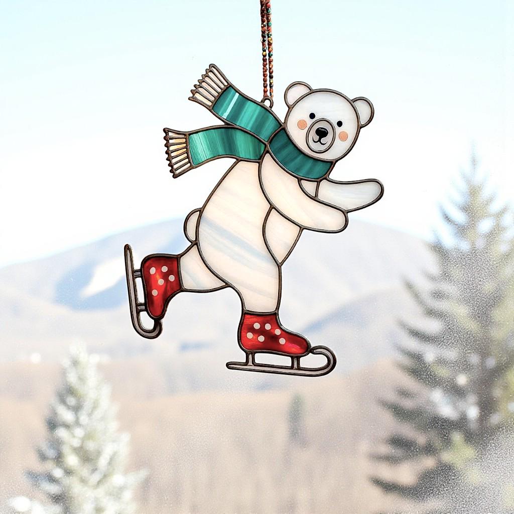 Winter suncatcher featuring a happy bear on ice skates with teal scarf, perfect Christmas window decoration.