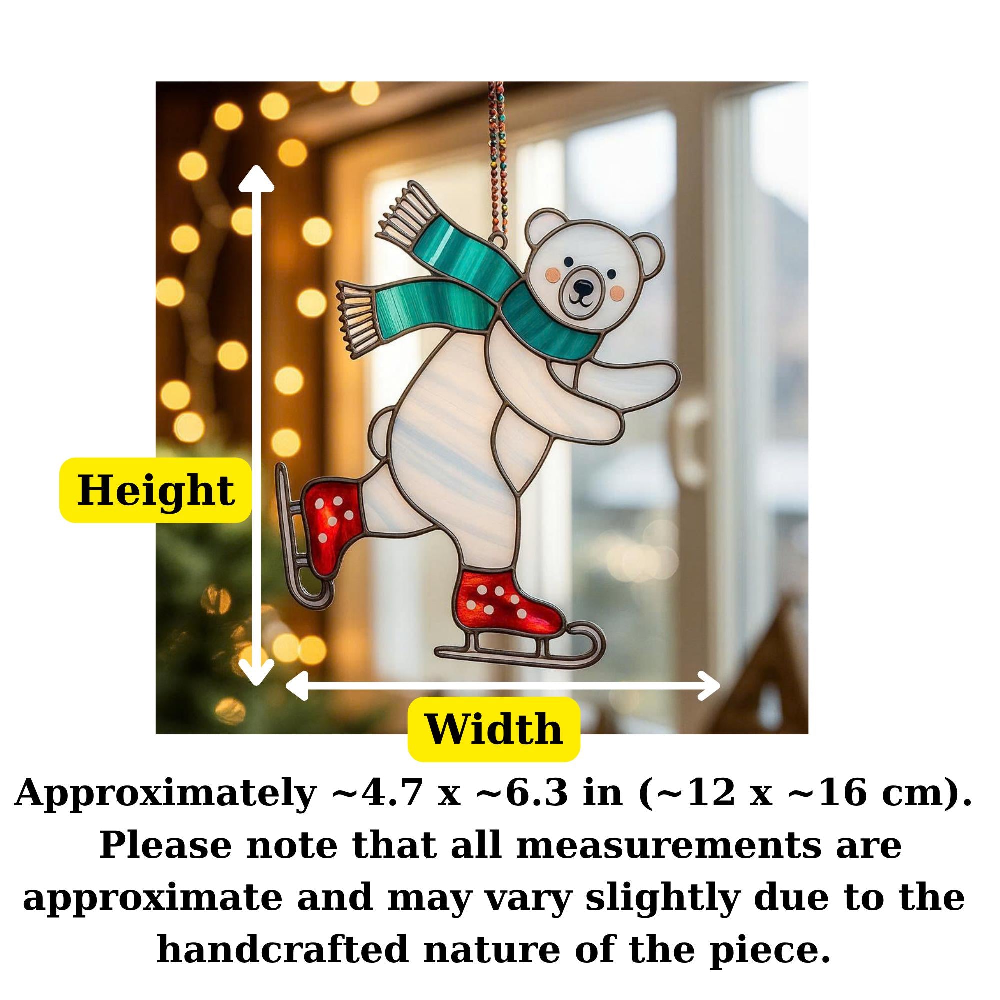 Size chart image showing height and width measurements of stained glass Christmas bear ornament.