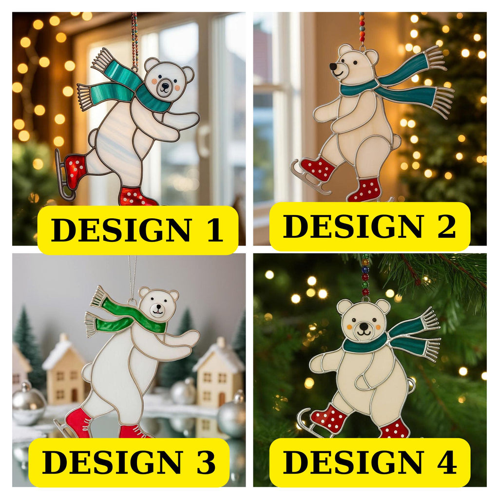 Design comparison image showing four styles of stained glass skating bear ornaments labeled Design 1–4.