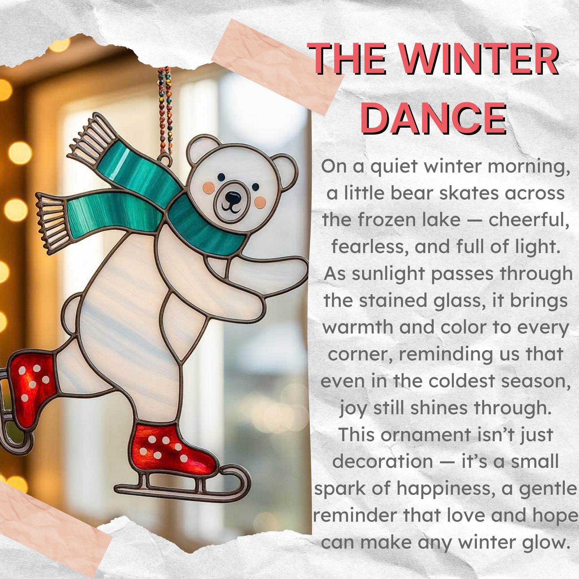 Close-up of The Winter Dance stained glass Christmas ornament with description text beside the image.
