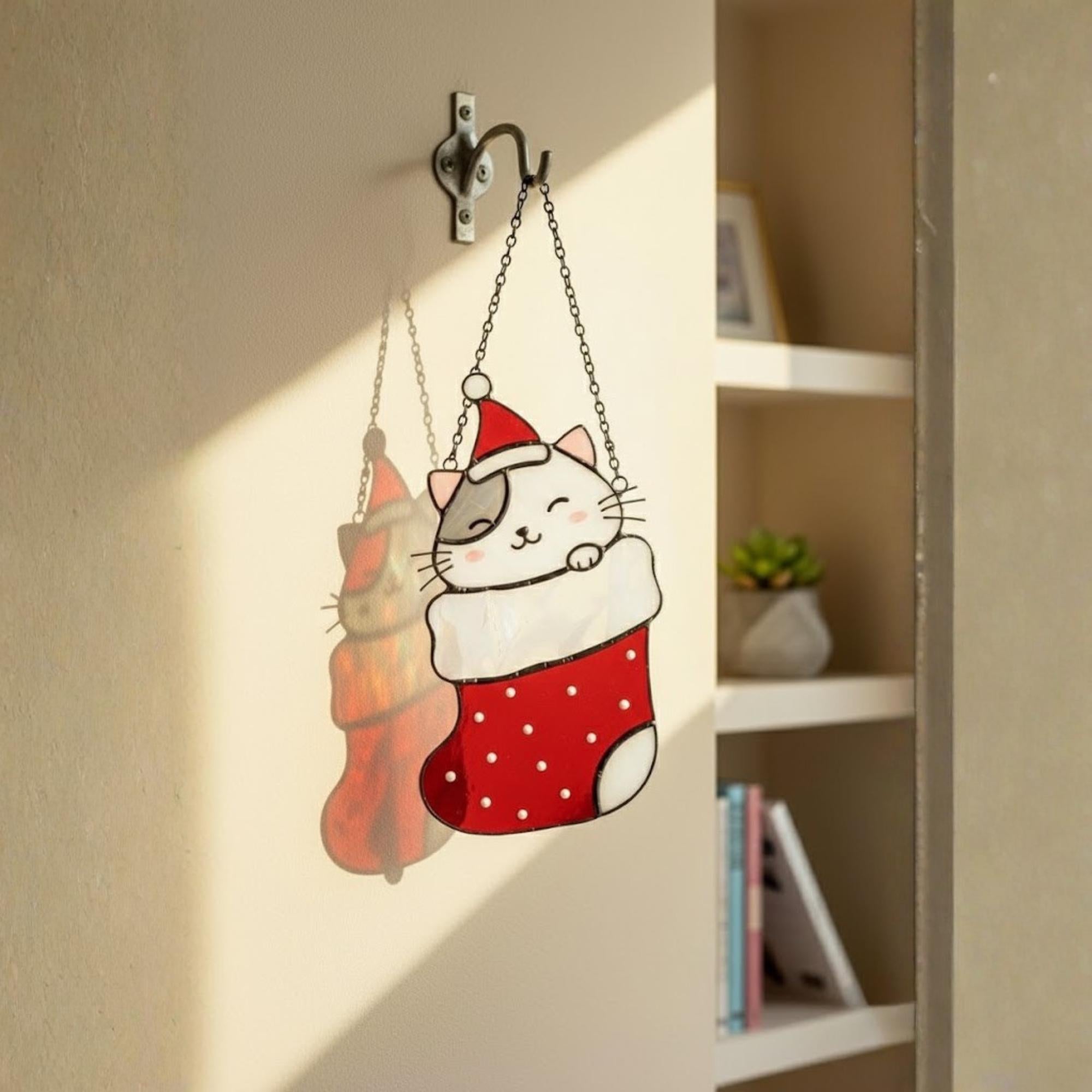 Cat in red stocking stained glass ornament near bed, warm handmade Christmas window art.