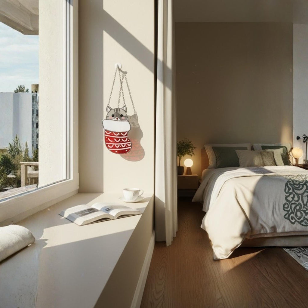 Woman smiling while decorating Christmas tree with stained glass cat ornament, festive moment.