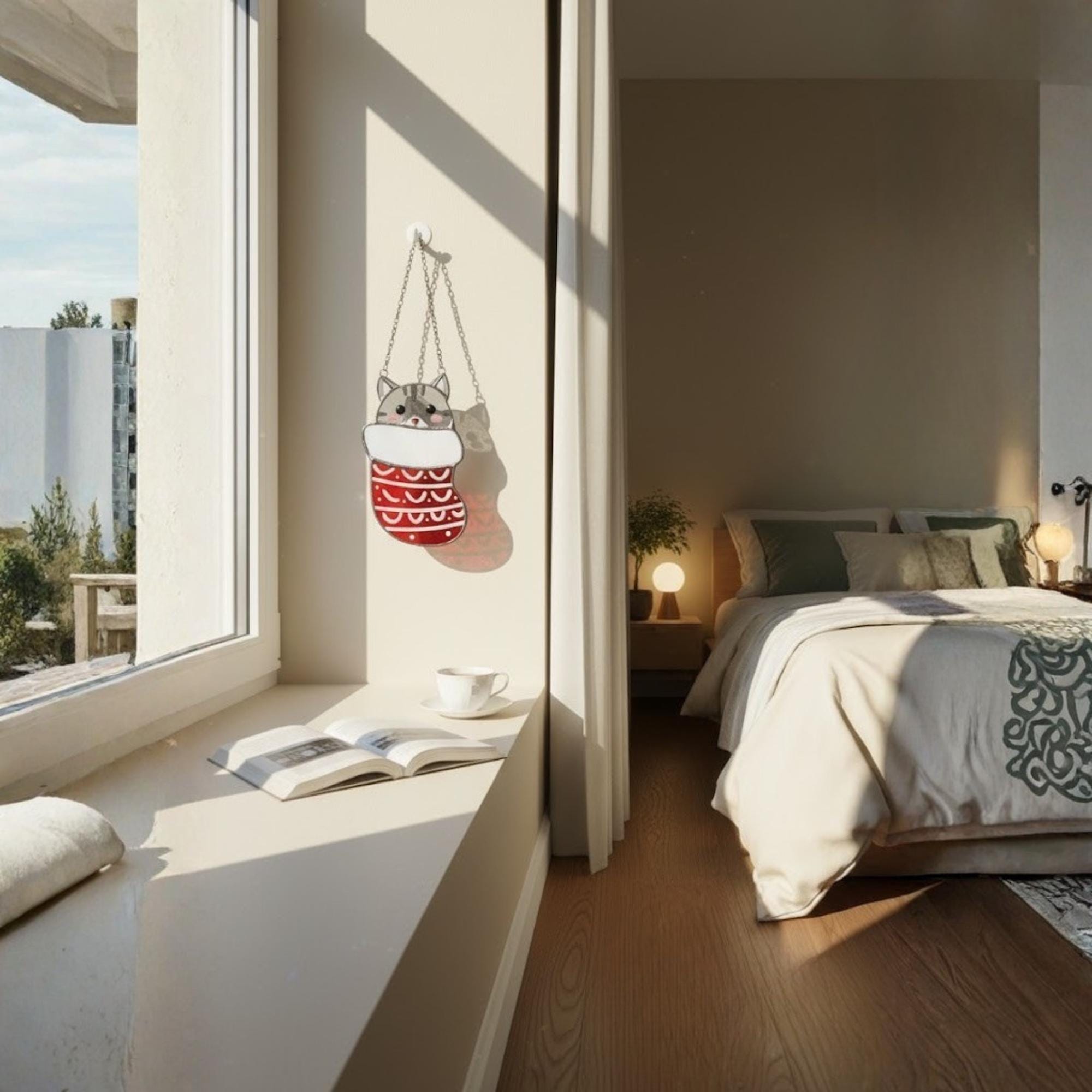 Woman smiling while decorating Christmas tree with stained glass cat ornament, festive moment.