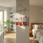 Handmade stained glass Christmas cats hanging together on window, cute festive suncatchers.