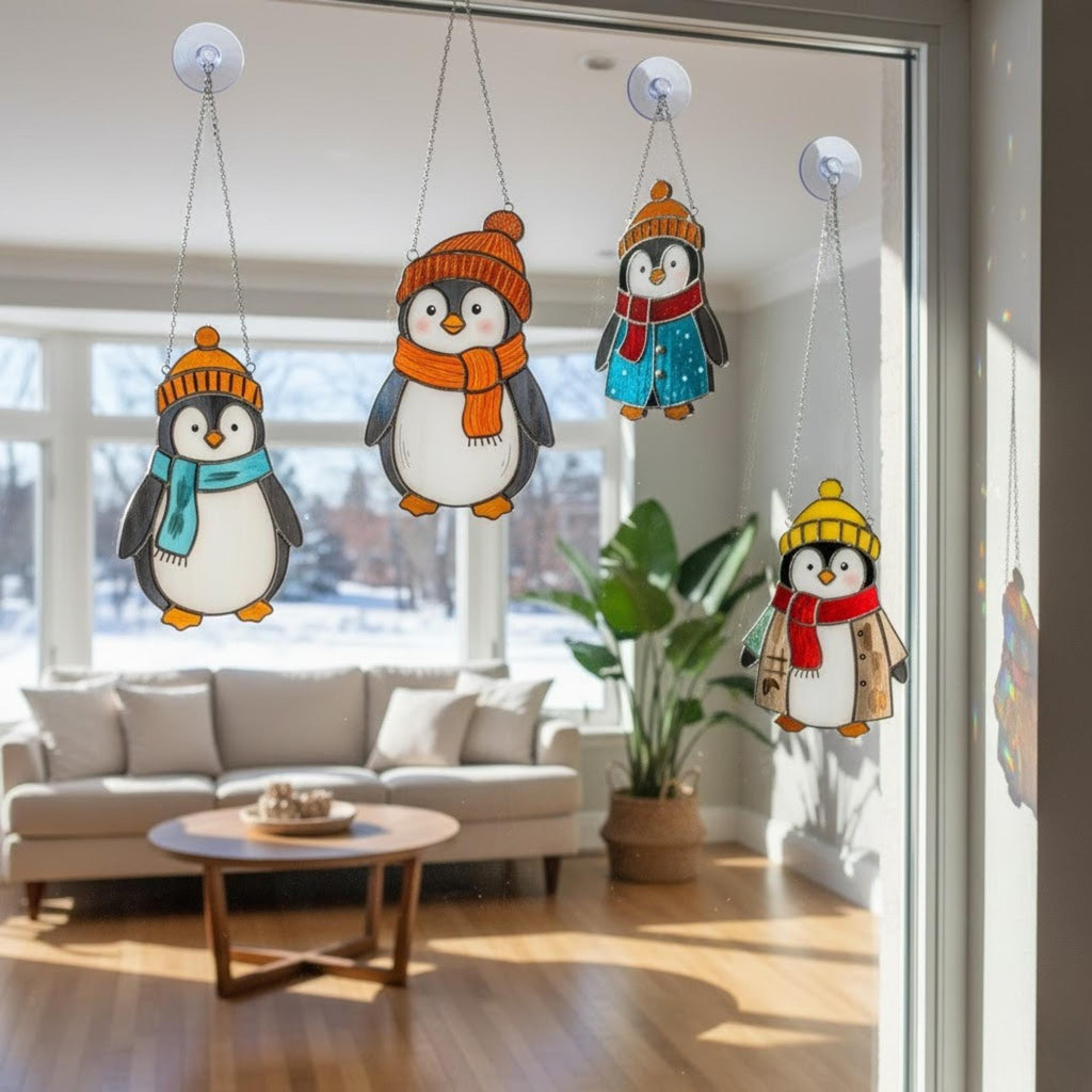 Set of handmade stained glass penguin suncatchers hanging on window, cute winter holiday home decor glowing in sunlight.