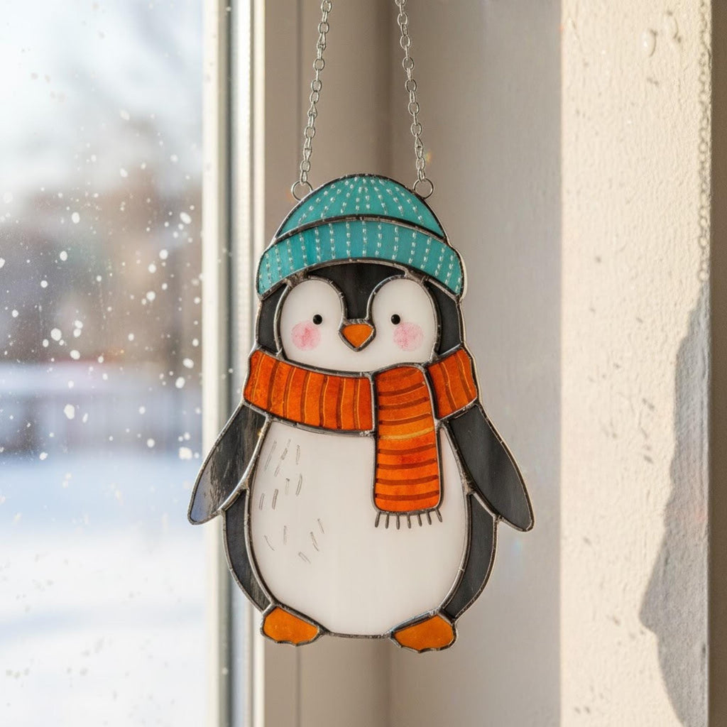 Penguin wearing orange hat and scarf, handmade stained glass ornament for Christmas and holiday gift.