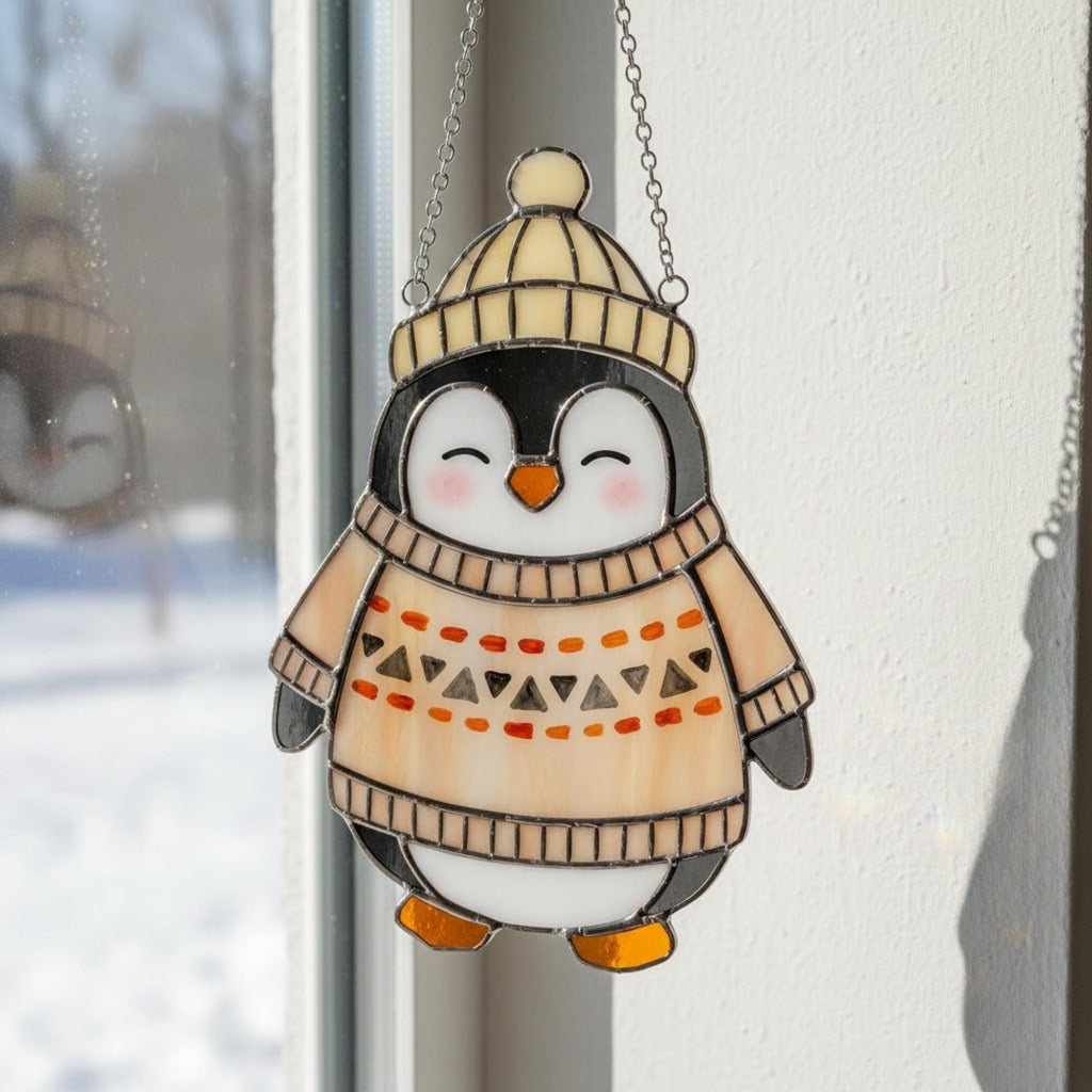 Smiling penguin in beige sweater stained glass ornament, cozy handmade winter home decoration.
