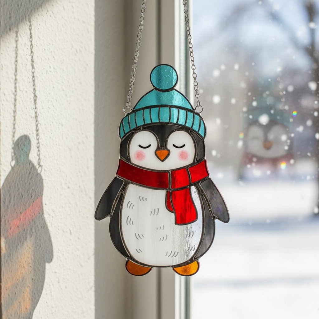 Penguin in blue hat and red scarf hanging by window, cheerful handmade glass suncatcher gift.