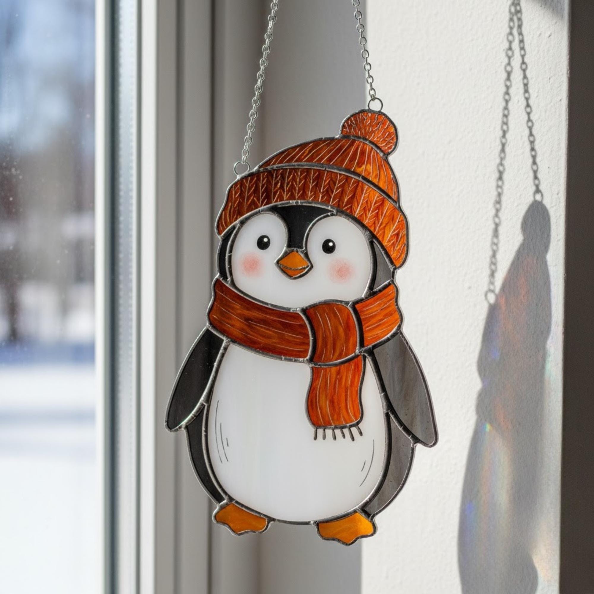 Penguin Stained Glass Suncatcher – Handmade Winter Window Decor, Penguin Ornament, Christmas Gift, Animal Glass Art for Home Lovers