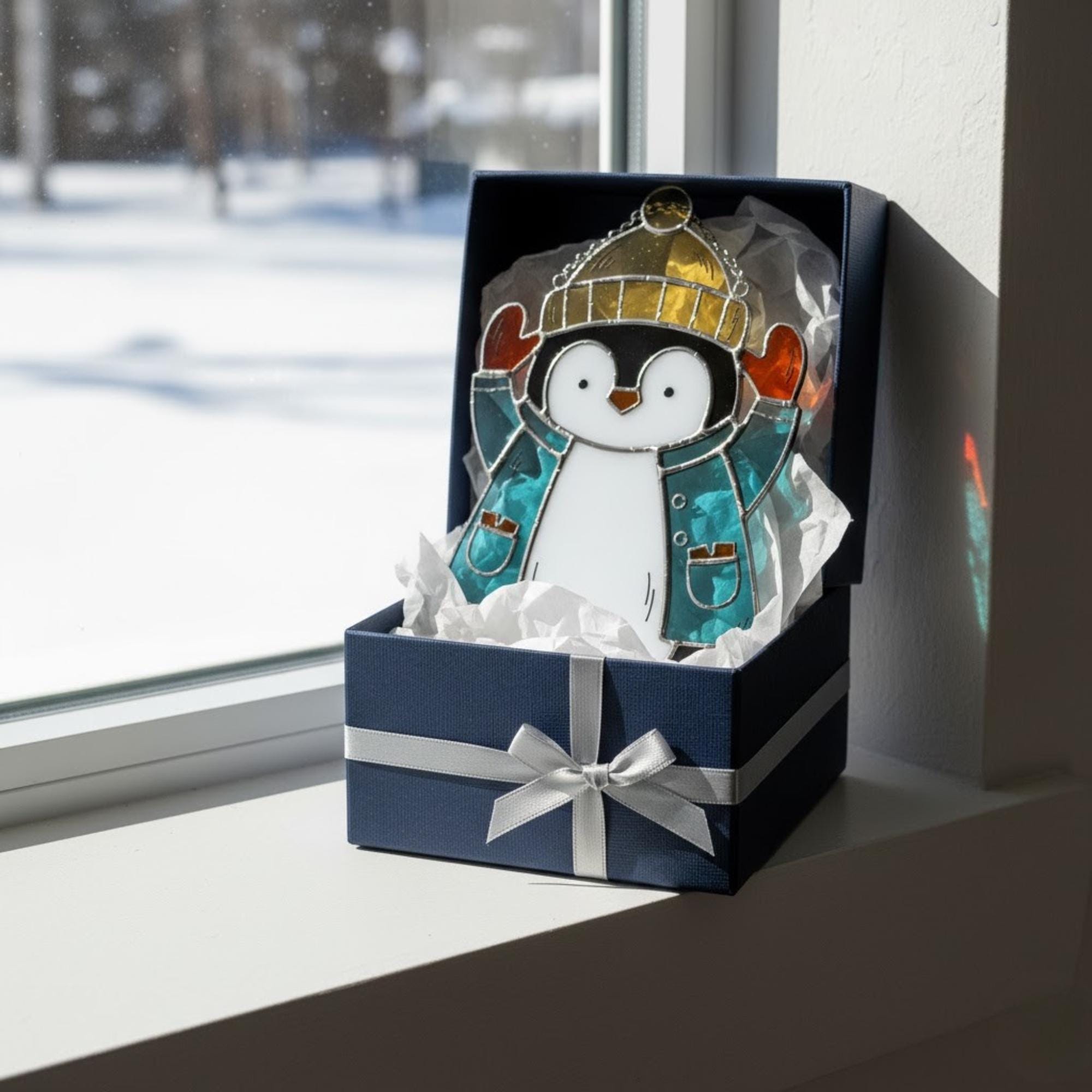Gift box with penguin stained glass ornament inside, handmade winter gift for loved ones.