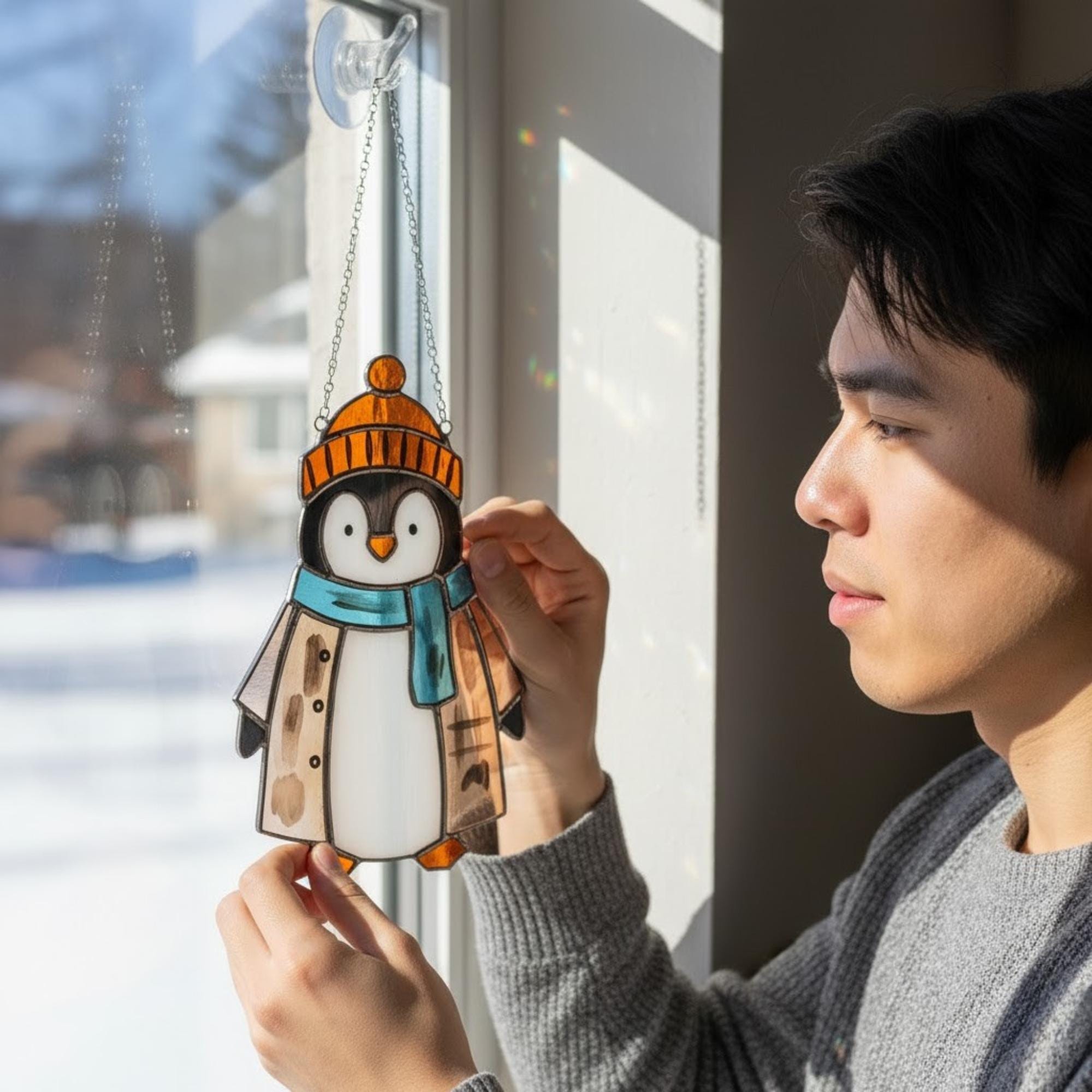 Man placing handmade stained glass penguin on window, unique glass art home decor for winter.