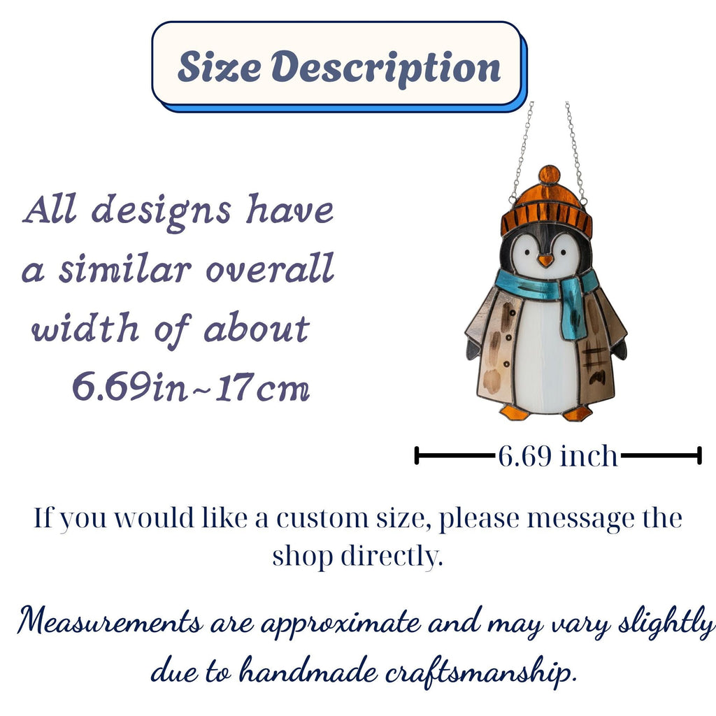 Size chart showing penguin stained glass suncatcher dimensions 6.7 inch wide, handmade winter decor.
