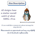 Size chart showing penguin stained glass suncatcher dimensions 6.7 inch wide, handmade winter decor.