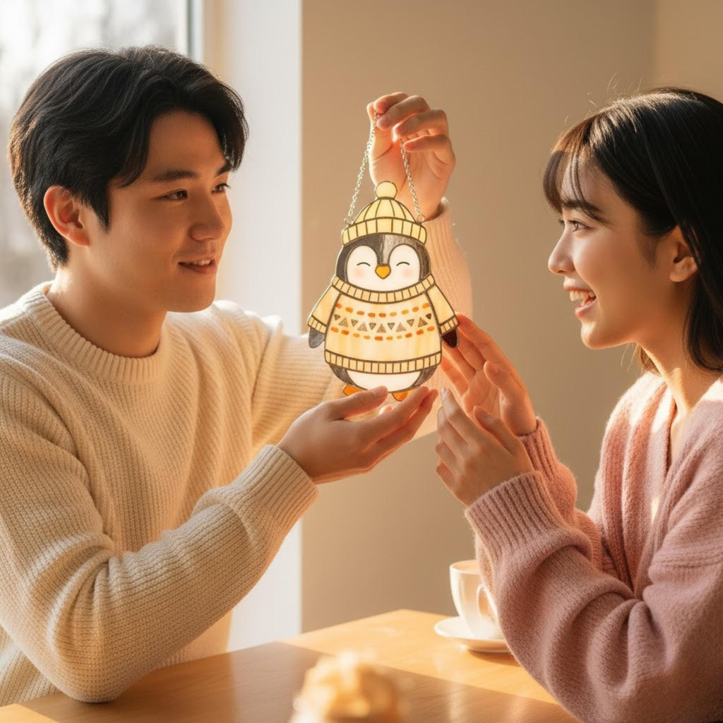 Couple holding penguin stained glass ornament together, cozy handmade holiday gift for winter season.