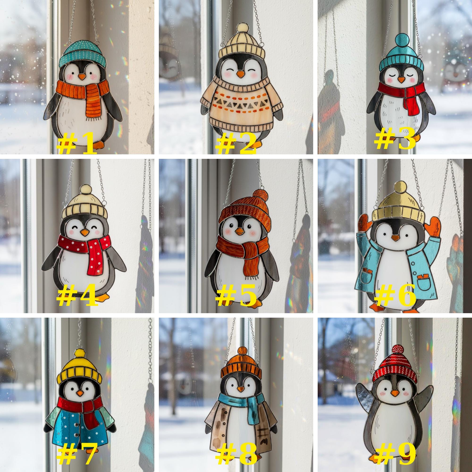 Nine penguin stained glass designs numbered 1–9, collection of handmade window suncatchers.