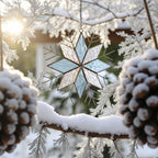 Various stained glass snowflake ornaments in different colors displayed together with numbered options for easy selection