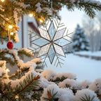 Colorful ribbon options for hanging the stained glass snowflake ornament, including red, green, blue, and other festive colors.